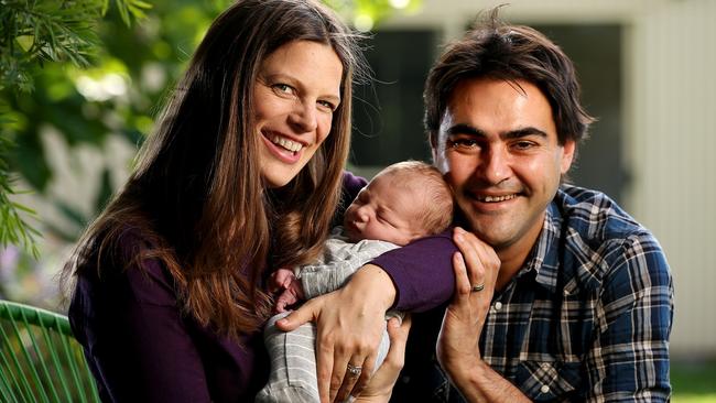 Kate Ellis with husband David Penberthy just after the birth of their son, Sam. Picture: Calum Robertson