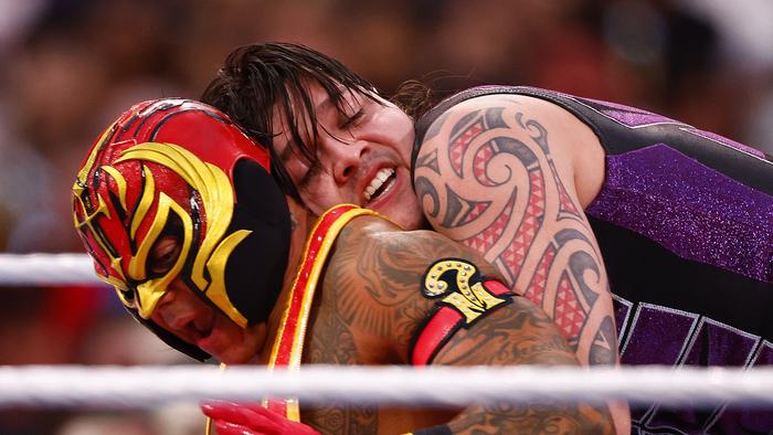 INGLEWOOD, CALIFORNIA - APRIL 01:  Dominik Mysterio wrestles Rey Mysterio during WrestleMania Goes Hollywood at SoFi Stadium on April 01, 2023 in Inglewood, California. (Photo by Ronald Martinez/Getty Images)