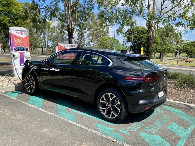 A Jaguar I-Pace is seen plugged in at a charging station at the University of Queensland’s Gatton campus. Picture: Hugh Suffell