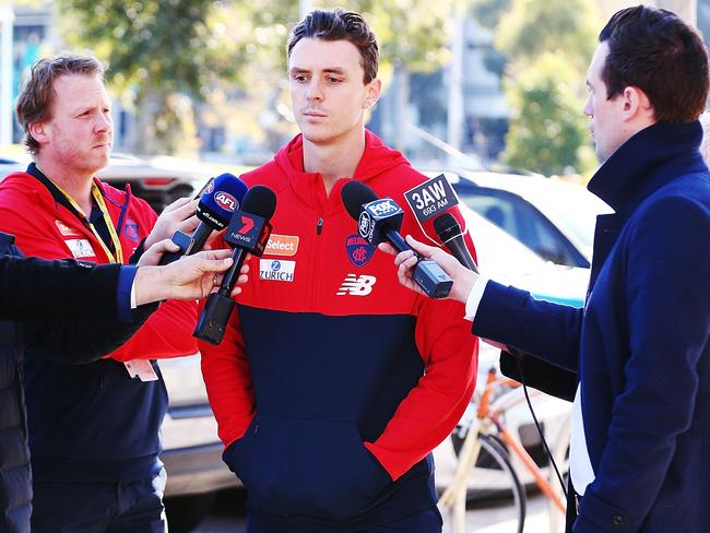 Melbourne’s Jake Lever speaks to the media yesterday. Picture: Getty Images