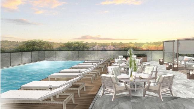 Artist depiction of the rooftop bar and pool at the new Inglis Riverside Stables in Warwick Farm.