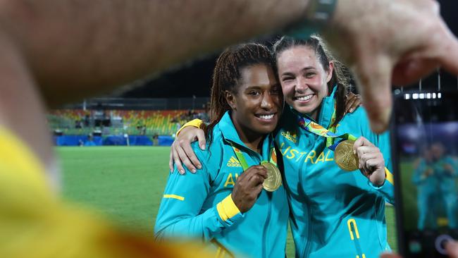 Gold medallists Ellia Green and Chloe Dalton celebrate in Rio.