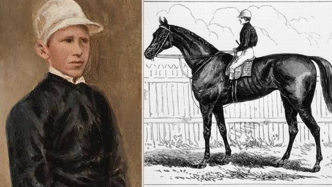 Jockey Peter St Albans, aka Michael Bowden, wasn’t even 12 when he won the Melbourne Cup on Briseis, right, in 1876. Picture: State Library of Victoria