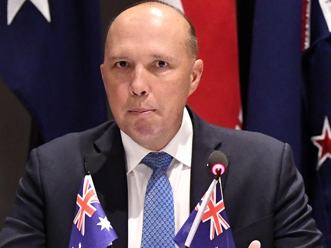 Federal Minister for Home Affairs Peter Dutton looks on during the 2018 Five Country Ministerial meeting on the Gold Coast, Tuesday, August 28, 2018. Australia is hosting the meeting that brings together the Interior Homeland Security, Public Safety and Immigration Ministers of Australia, Canada, New Zealand, United Kingdom and the United States.  (AAP Image/Dave Hunt) NO ARCHIVING