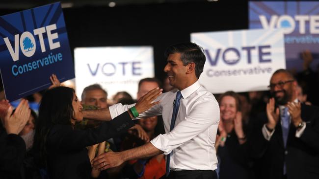 Rishi Sunak is congratulated by his wife, Akshata Murty, after launching the Conservative Party general election campaign in London. Picture: Getty Images