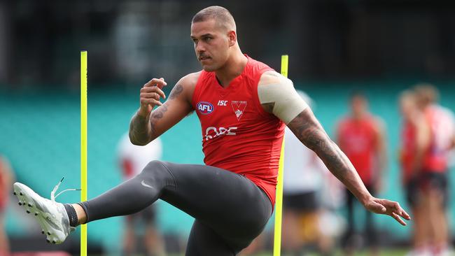 Lance Franklin trains ahead of his 250th match. Picture: Phil Hillyard
