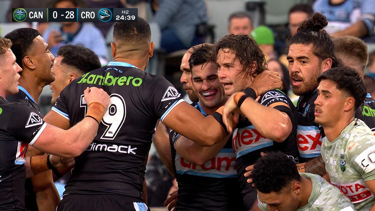 Nicho Hynes celebrates a try