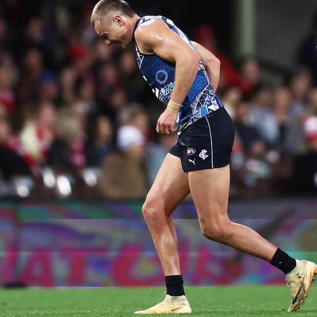 Patrick Cripps hobbles off against Sydney on Friday.