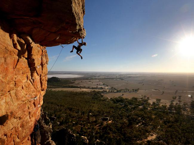 26/04/2016 Bec Hopkins ascends the climb named "Kachoong" at Mt Arapiles in Western Victoria. Arapiles has become one of the most popular rock climbing locations in Australia.David Geraghty / The Australian