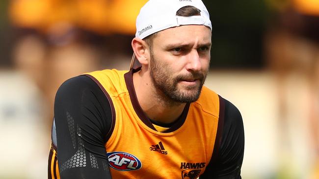 MELBOURNE, AUSTRALIA - APRIL 16: Jack Gunston of the Hawks looks on during a Hawthorn Hawks AFL training session at Waverley Park on April 16, 2021 in Melbourne, Australia. (Photo by Mike Owen/Getty Images)