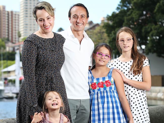 Liberal candidate for Wentworth Dave Sharma with wife Rachel Lord and daughters (from left) Daphne, Estella and Diana at Rushcutters Bay Park.