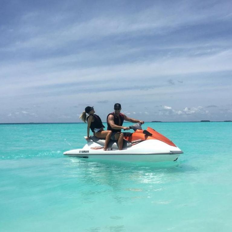 Jennifer Hawkins and Jake Wall in the Maldives ... “Dreamy water.. Today was damn FUN!” Picture: Instagram