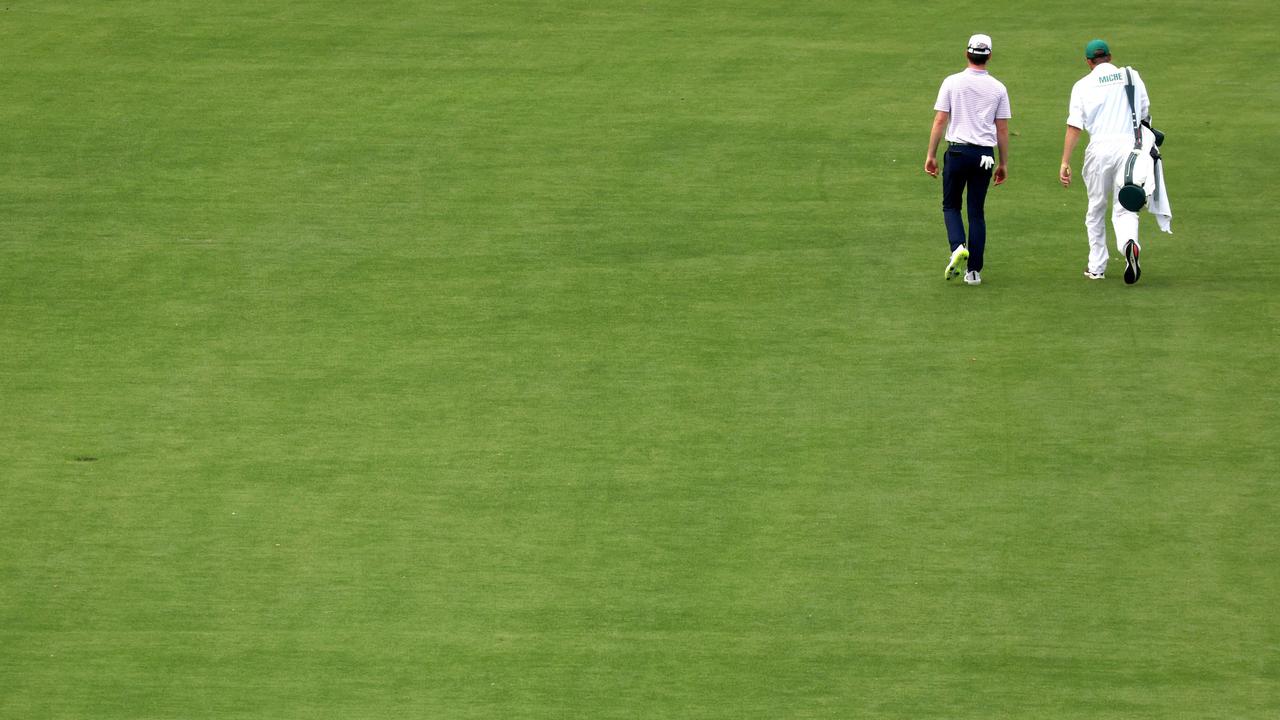 Aussie amateur Lukas Michel walks up the fairway during a practice round for the Masters. Picture: Rob Carr/Getty Images/AFP