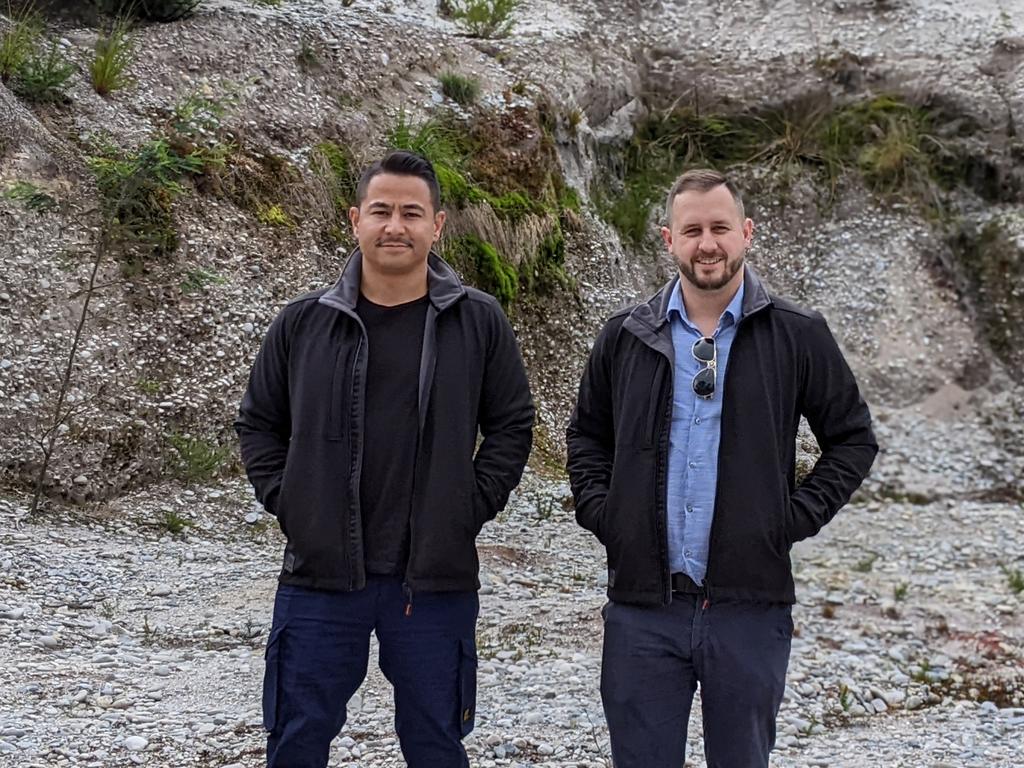 Quinten Villanueva and Bradley Saxby have bought a tin mine at Mount Cameron in Tasmania's north-east. They are pictured here at the mine site. Picture: Supplied