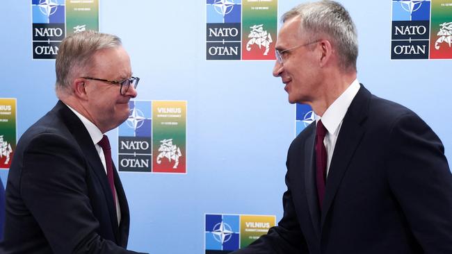 NATO Secretary-General Jens Stoltenberg meets Anthony Albanese during a NATO leaders summit in Vilnius, 2023. Picture: AFP.