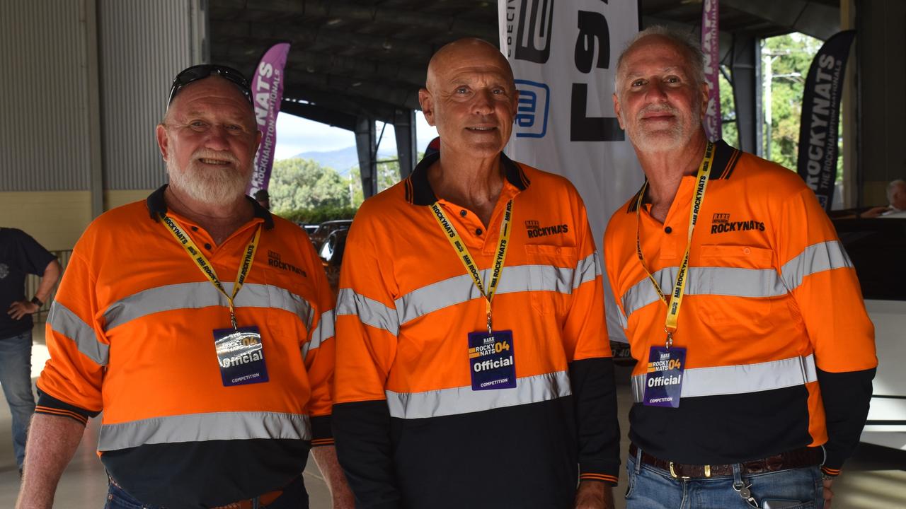 Motorcycle scrutineers Greg McMillan, Nev Wilkings and John Passaris from the Rockhampton HOG Chapter at scrutineering for Rockynats 04 at the Rockhampton Showgrounds on March 28, 2024.