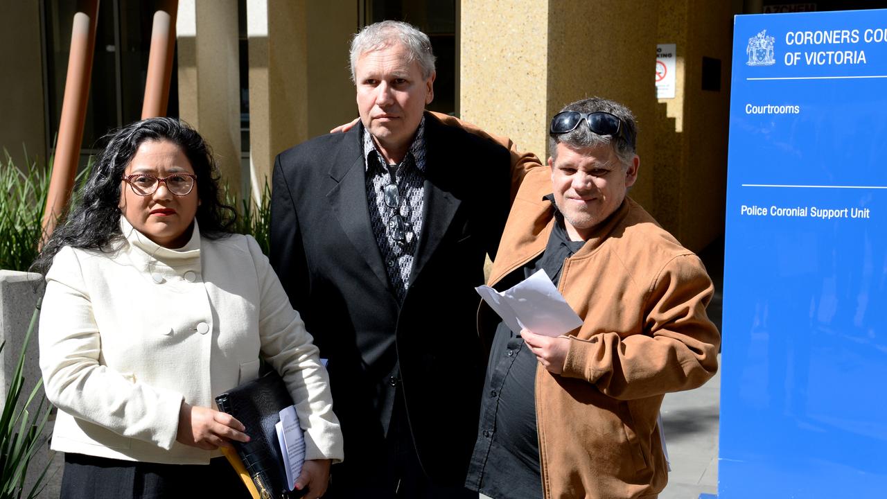 Mark and Adam James, and their lawyer Naty Guerrero-Diaz, outside the Coroners Court. Picture: Andrew Henshaw