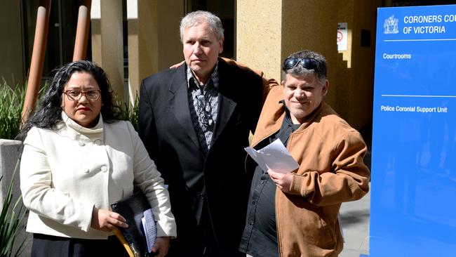 Mark and Adam James, and their lawyer Naty Guerrero-Diaz, outside the Coroners Court. Picture: Andrew Henshaw