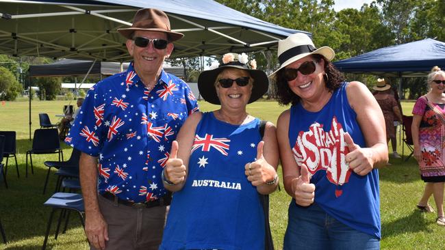 Gary Haspell, Leonie Evans and Lyn Collett celebrating at the Glenwood Community Hall.