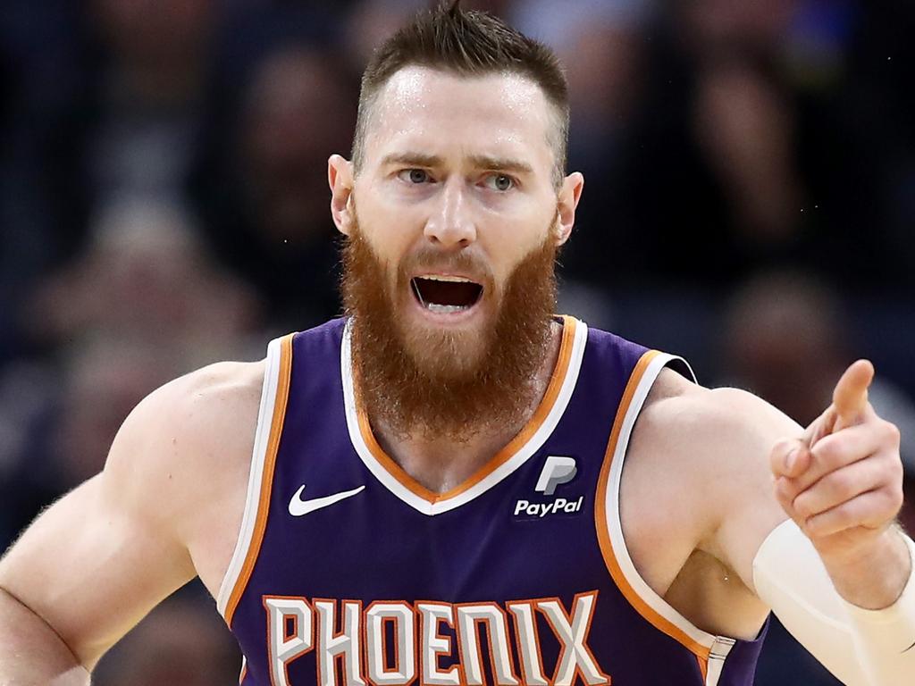 SAN FRANCISCO, CALIFORNIA - OCTOBER 30:  Aron Baynes #46 of the Phoenix Suns reacts after making a basket against the Golden State Warriors at Chase Center on October 30, 2019 in San Francisco, California.  NOTE TO USER: User expressly acknowledges and agrees that, by downloading and or using this photograph, User is consenting to the terms and conditions of the Getty Images License Agreement. (Photo by Ezra Shaw/Getty Images)