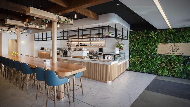 The fresh fit-out at new North Hobart cafe Lazy Brunch features a high bench that includes charging points – perfect for doing some WFH (or work from cafe as the case may be). Picture: Chris Kidd, North Hobart. Picture: Chris Kidd