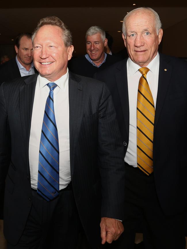 Former Rugby Australia director Geoff Stooke (right) with mining tycoon Andrew “Twiggy” Forrest, who’s been mooted as a potential candidate for a board position in the wake of Cameron Clyne’s resignation. Picture: Kelly Barnes