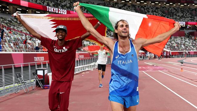 Mutaz Essa Barshim with Gianmarco Tamberi. Picture: AFP