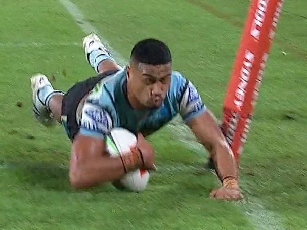 Ronaldo Mulitalo attempts a try during the Cronulla-Canterbury fixture at Accor Stadium.