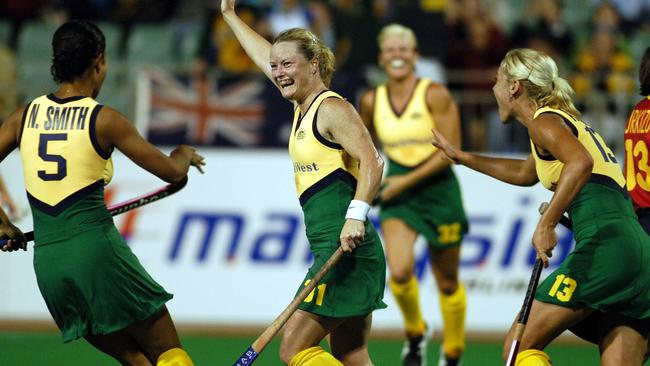 Katrina Powell celebrates as Hockeyroos captain.