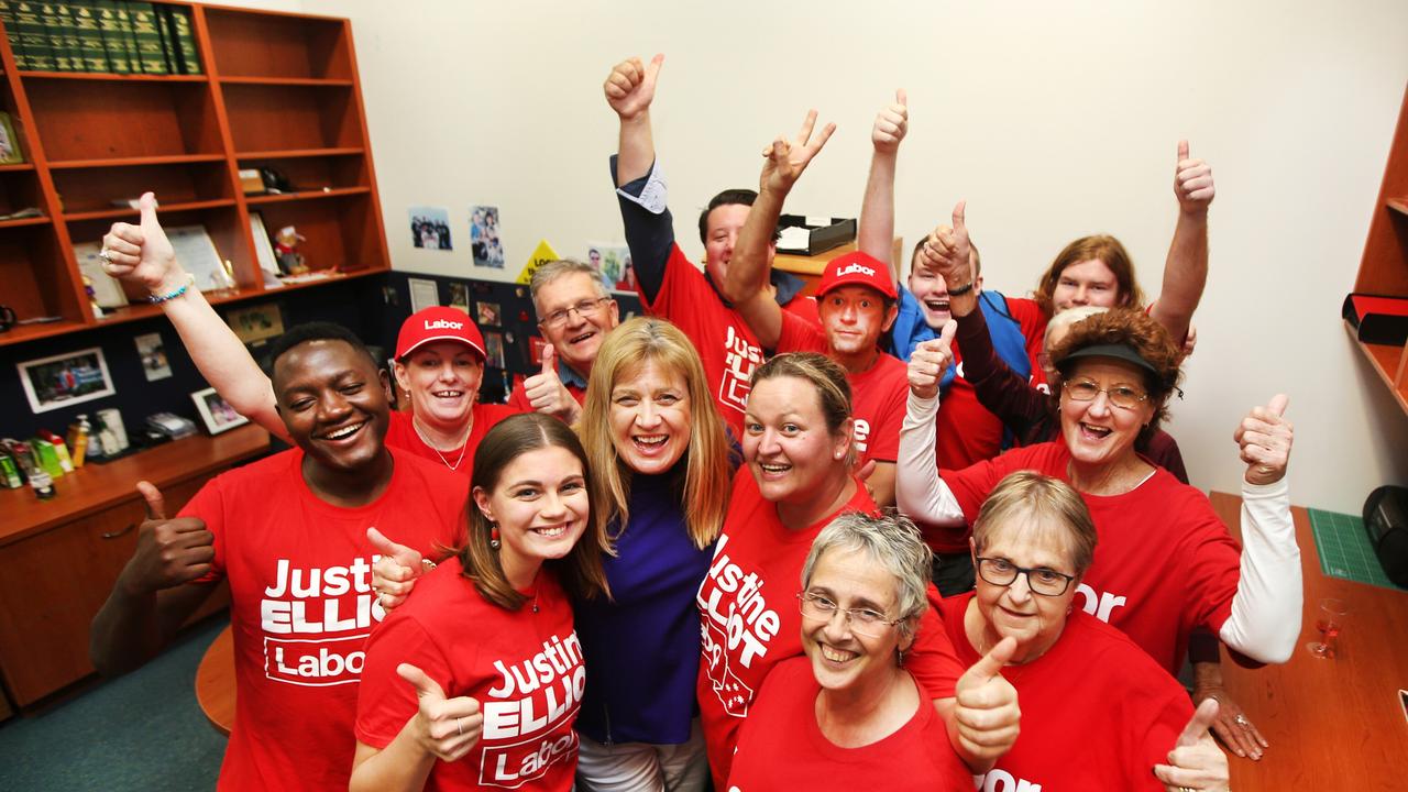 Federal Member for Richmond Justine Elliot celebrates with her staff after retaining her seat of Richmond in the current 2019 Federal Election