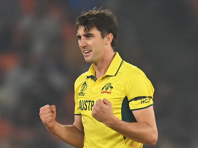 AHMEDABAD, INDIA - NOVEMBER 04: Pat Cummins of Australia celebrates the wicket of Liam Livingstone of England during the ICC Men's Cricket World Cup India 2023 between England and Australia at Narendra Modi Stadium on November 04, 2023 in Ahmedabad, India. (Photo by Gareth Copley/Getty Images)