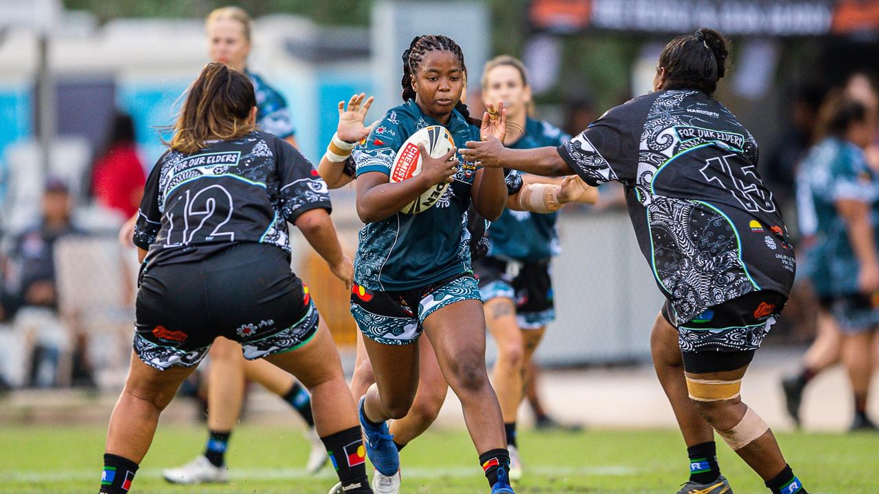 Tamara Madzika carries into a tackle for the Territory All Stars in the 2023 Deadly Cup Carnival. Picture: Pema Tamang Pakhrin