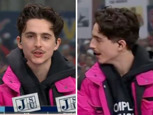 Timothee Chalamet impressed TV audiences with his knowledge of American college football on ESPN. Picture: College GameDay/X