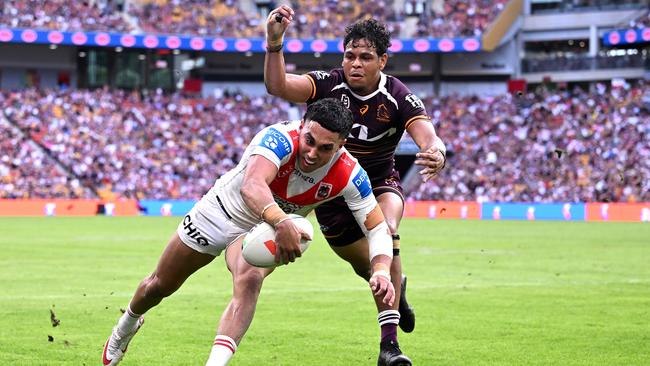 BRISBANE, AUSTRALIA - MAY 18: Tyrell Sloan of the Dragons satduring the round eleven NRL match between Broncos and Dragons at Suncorp Stadium, on May 18, 2025, in Brisbane, Australia. (Photo by Bradley Kanaris/Getty Images)