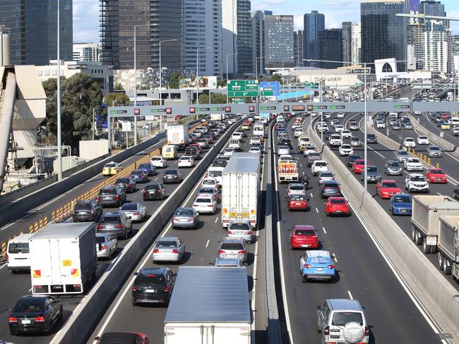 New laws that would extend CityLink tolls for a decade to help pay for the $6.7 billion West Gate Tunnel are set to be introduced to State Parliament this week. Peak hour congestion on the Westgate Freeway city bound.  Picture: David Caird