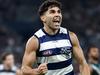 GEELONG, AUSTRALIA - MAY 10: Tyson Stengle of the Cats celebrates a goal during the 2024 AFL Round 09 match between the Geelong Cats and Port Adelaide Power at GMHBA Stadium on May 10, 2024 in Geelong, Australia. (Photo by Michael Willson/AFL Photos via Getty Images)