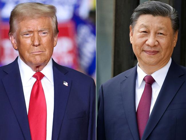 (COMBO) This combination of pictures created on November 07, 2024 shows former US President and Republican presidential candidate Donald Trump (L) looks on during a campaign rally at PPG Paints Arena in Pittsburgh, Pennsylvania on November 4, 2024, and france's President Emmanuel Macron greets Chinese President Xi Jinping (R) at The Elysee Presidential Palace in Paris on May 6, 2024. Chinese President Xi Jinping on November 7, 2024 said Beijing and Washington must find a way to "get along" in a message to US president-elect Donald Trump, state media said. Trump's crushing presidential victory heralded a new era of uncertainty in the United States and the world. It also heralded a possible shift in US-China relations, frayed in recent years by tensions over everything from trade to the status of the self-ruled island of Taiwan. (Photo by CHARLY TRIBALLEAU and Ludovic MARIN / AFP)