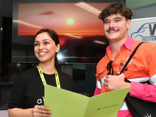 Career expo at Bohle TAFE. Nilly Keshtiar from renewable energies company Akaysha with instrumentation apprentice Myles Hoskins. Picture: Evan Morgan