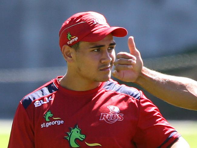 Izaia Perese and Karmichael Hunt during Queensland Reds training. Pic Darren England.