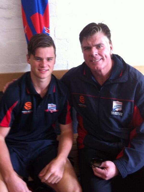 Jack Sinclair with Port Melbourne coach Gary Ayres before his VFL debut for the Borough.