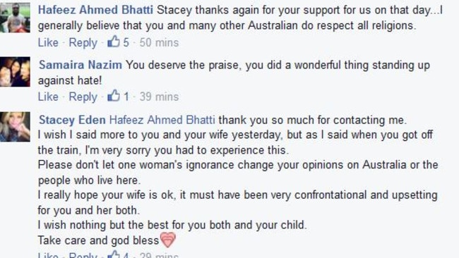 Facebook comments on the page of Stacey Eden, who came to the aide of a Muslim woman as she was abused on a Sydney train. Picture: Facebook