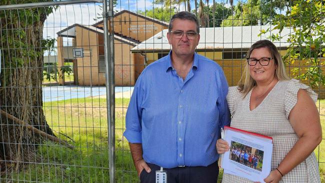 Clarence Nationals MP Richie Williamson with Emma Crethar outside Broadwater Public School.