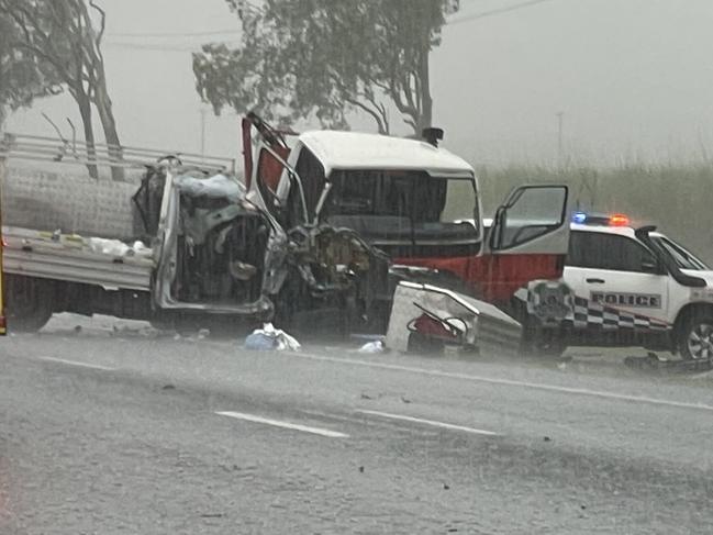 Aftermath of a head-on crash between a small truck and ute on the Bruce Highway in Chelona, south of Mackay, on December 12, 2024. Picture: Fergus Gregg