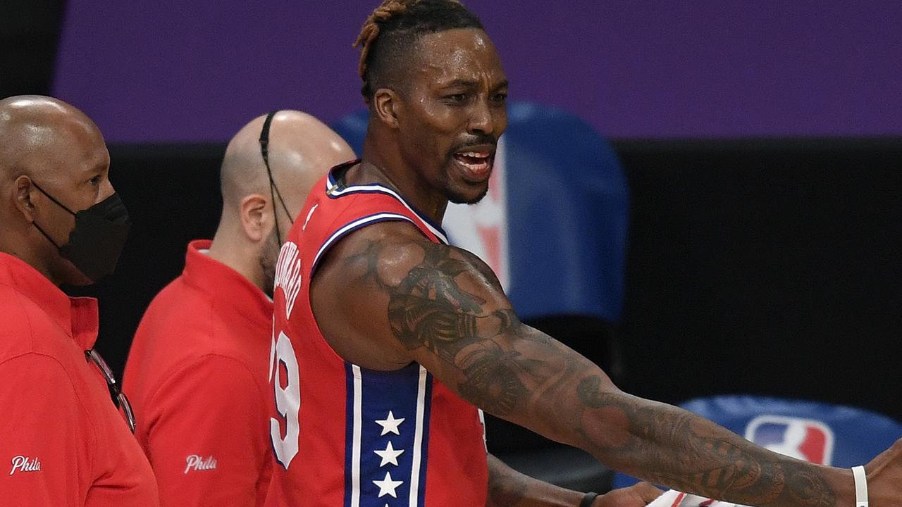 Dwight Howard of the Philadelphia 76ers reacts after he is ejected. (Photo by Harry How/Getty Images)