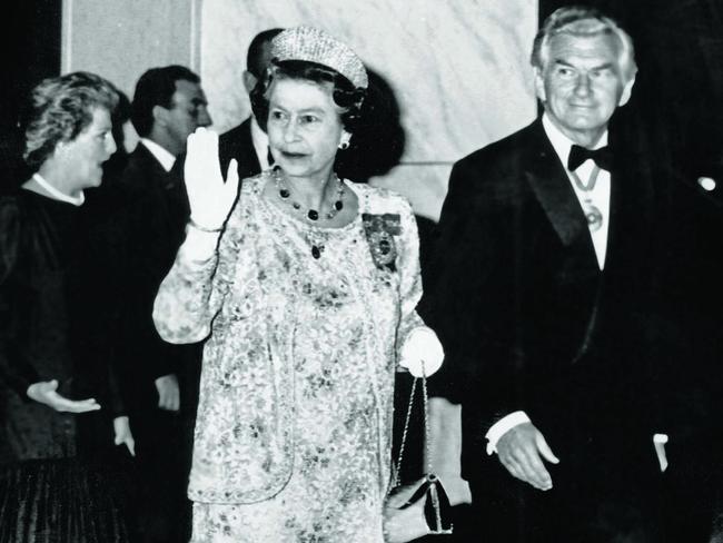 Prime Minister Bob Hawke and the Queen in 1988. He believed “God Save the Queen” should not be our national anthem. Picture: Supplied