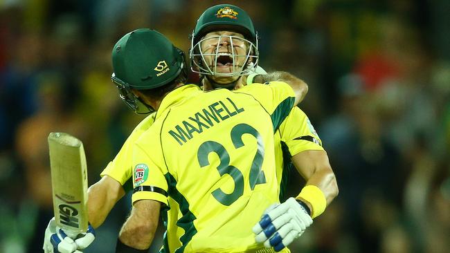 20/03/15 - ICC World Cup Cricket - Australia v Pakistan at Adelaide Oval. Shane Watson and Glenn Maxwell celebrate Australia's win. Photo Sarah Reed