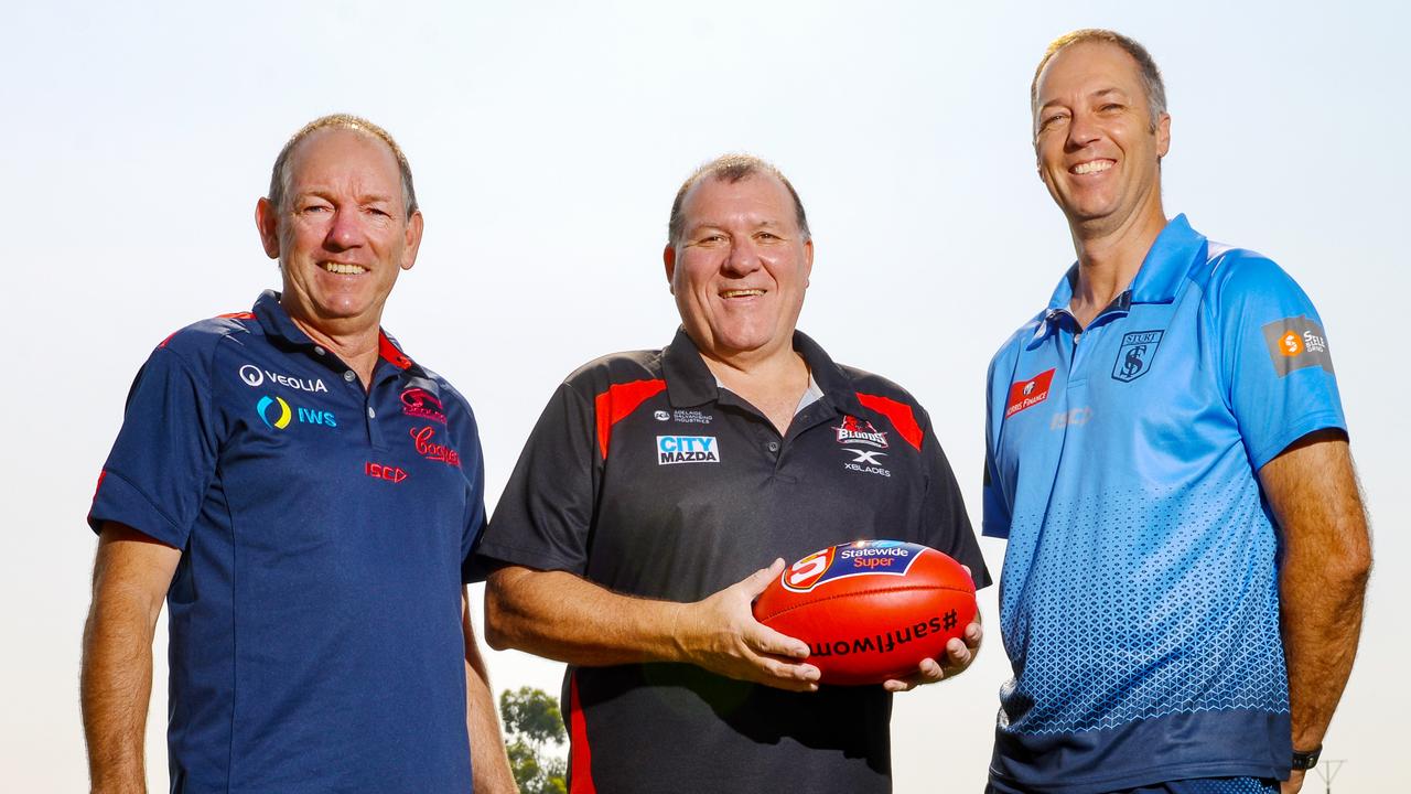 Three new SANFLW coaches Norwood's Chris Howie, West Adelaide's Mark Moody and Sturt's Bruce Dawes, Saturday, February 8, 2020. (Photo: AAP/Brenton Edwards)