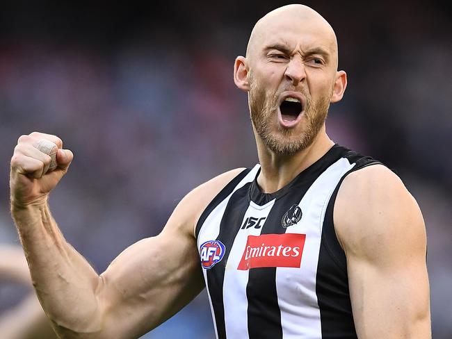 MELBOURNE, AUSTRALIA - SEPTEMBER 21: Ben Reid of the Magpies celebrates kicking a goal during the AFL Preliminary Final match between the Collingwood Magpies and the Greater Western Sydney Giants at the Melbourne Cricket Ground on September 21, 2019 in Melbourne, Australia. (Photo by Quinn Rooney/Getty Images)