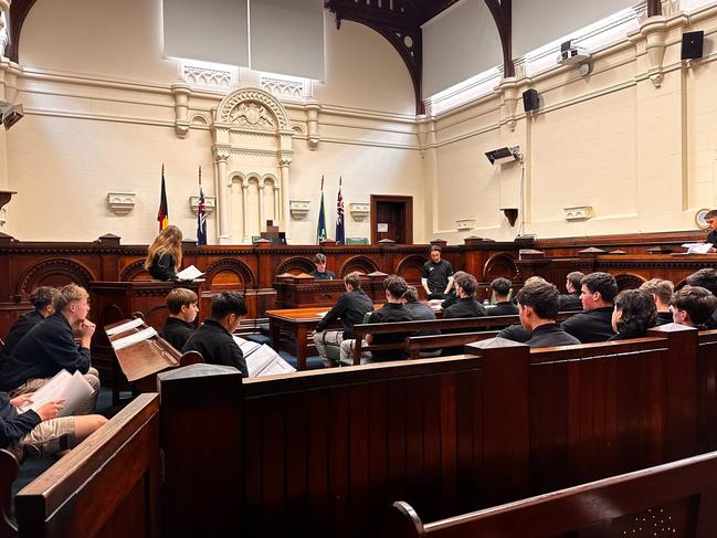 Harvester Technical College year 10 students in the old Melbourne Magistrates' Court for the National Trust's Respect Me program. The program teachers students about the consequences of image-based abuse through a mock trial. Picture: Rebecca Borg USE THIS VERSION