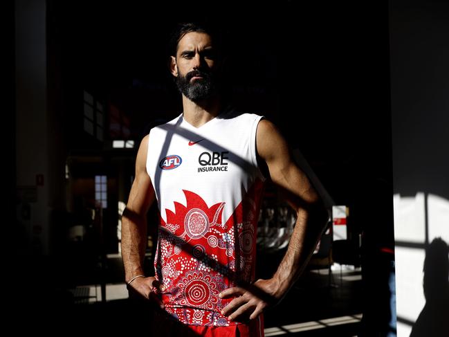 Brodie Grundy in the Swans’ Marn Grook guernsey. Picture: Phil Hillyard
